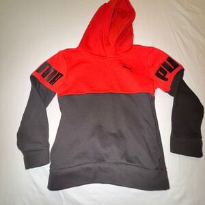 Puma Hoodie Kids Red Grey Good Colorblock Graphic Sleeve Pullover Sweatshirt